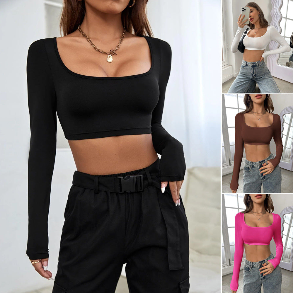 Damen Langarm Crop- Quadrat-Ausschnitt Komfortschnitt Schwarz - Norvielle
