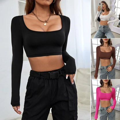 Damen Langarm Crop- Quadrat-Ausschnitt Komfortschnitt Schwarz - Norvielle