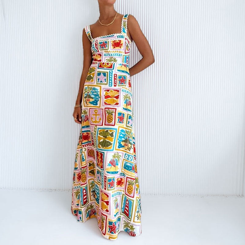 Damen Maxikleid Bunt Print Schmale Träger