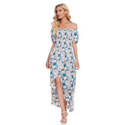Damen Maxi-Kleid Schulterfrei Florale Rüschendetails