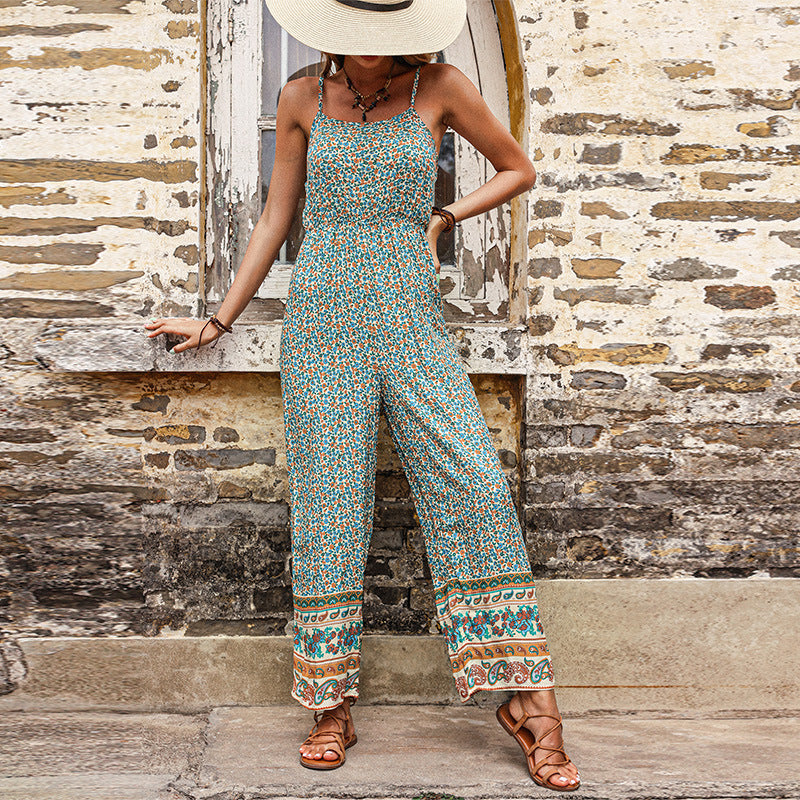 Damen Jumpsuit Blumenmuster Breite Beine Verstellbare Träger Norvielle