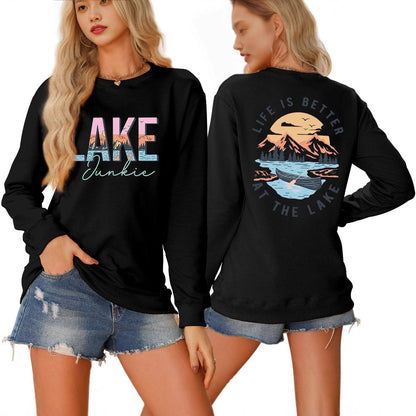 Damen Langarmshirt Lake-Motiv Leicht Lässig Weiß