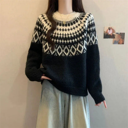 Damen Strickpullover Nordisches Muster Weich Grün