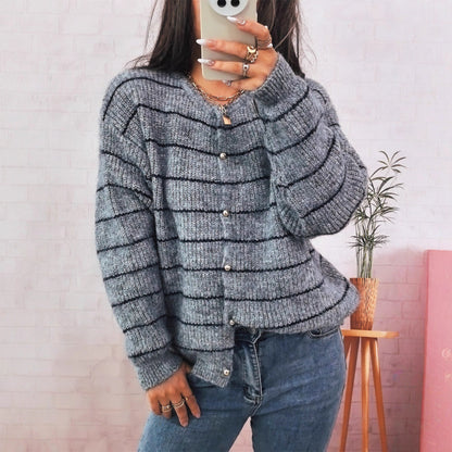 Damen Strickcardigan mit Knöpfen Streifenmuster Beige