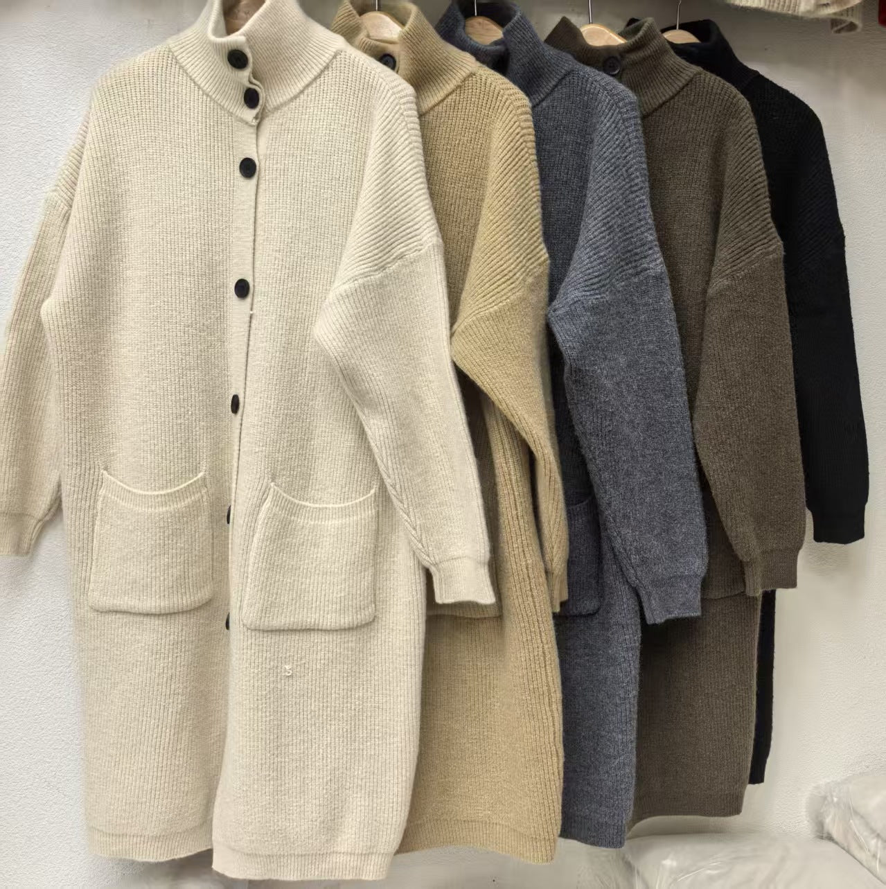 Damen Strickmantel Große Taschen Knopf Detail Beige