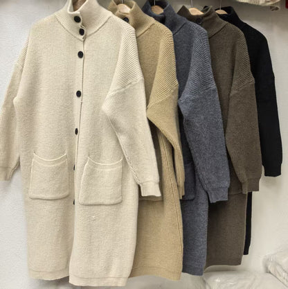 Damen Strickmantel Große Taschen Knopf Detail Beige
