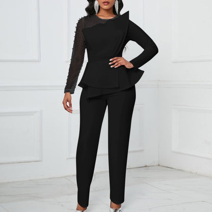 Damen Jumpsuit Asymmetrisch Perlendetails