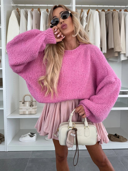 Damen Strickpullover Oversized Voluminöse Ärmel Beige