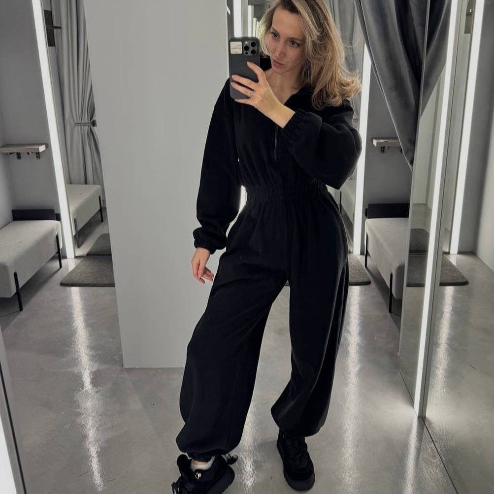 Damen Fleece-Overall Hochkragen Reißverschluss