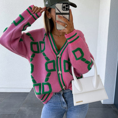 Damen Grobstrick Cardigan Kontrastmuster
