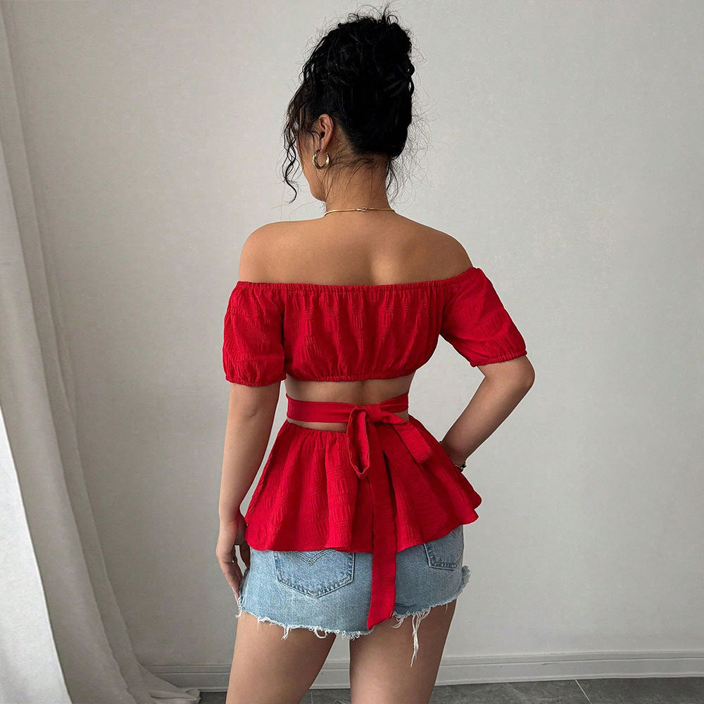 Damen Off-Shoulder Bluse Rüschensäumig Cut-Outs