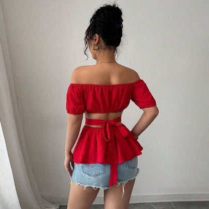 Damen Off-Shoulder Bluse Rüschensäumig Cut-Outs