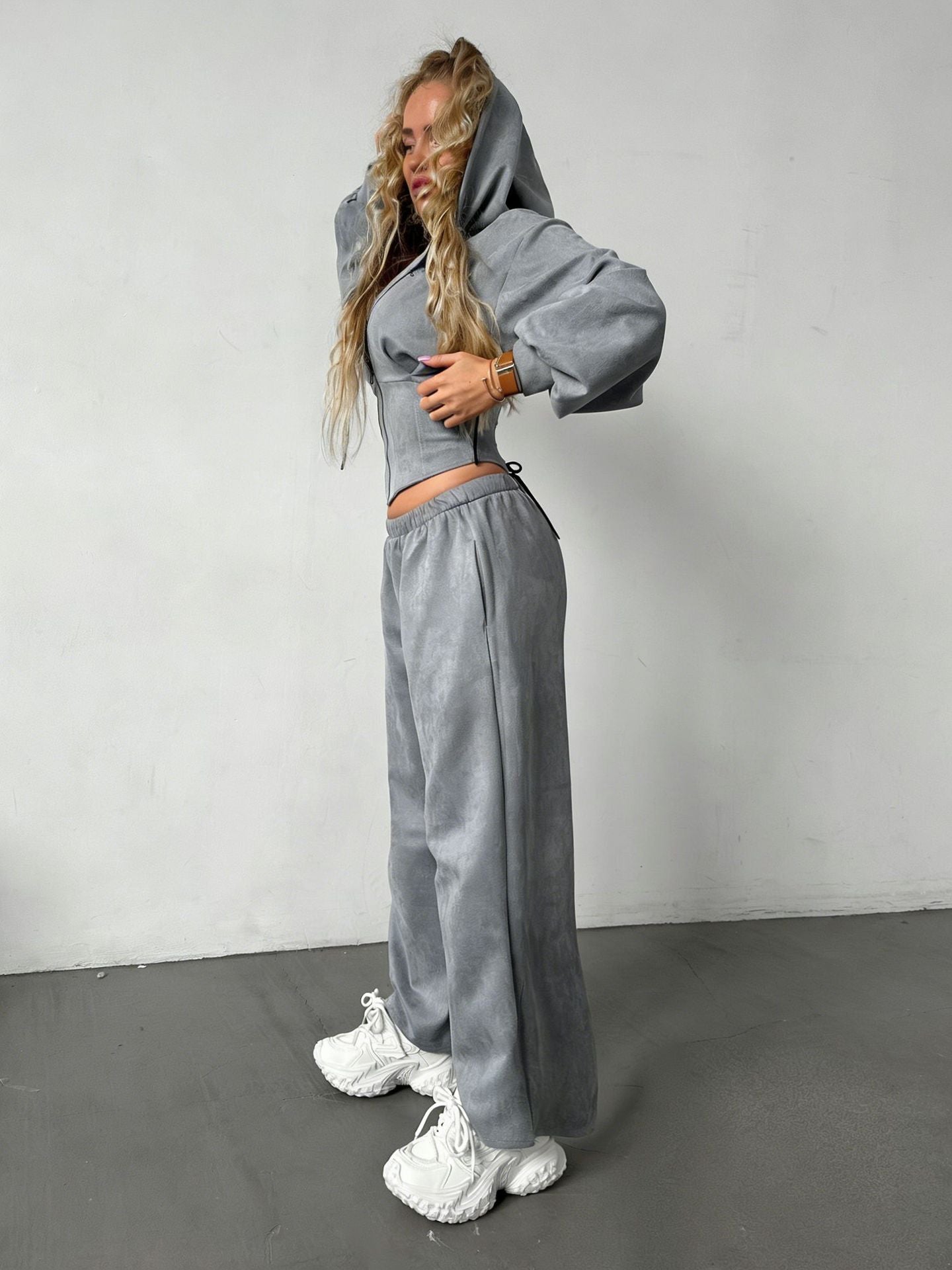 Damen Sportset Cropped Kapuzenjacke und Jogginghosen Elastisch
