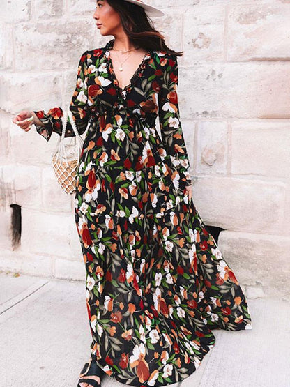 Damen Maxikleid Floraler Druck V-Ausschnitt