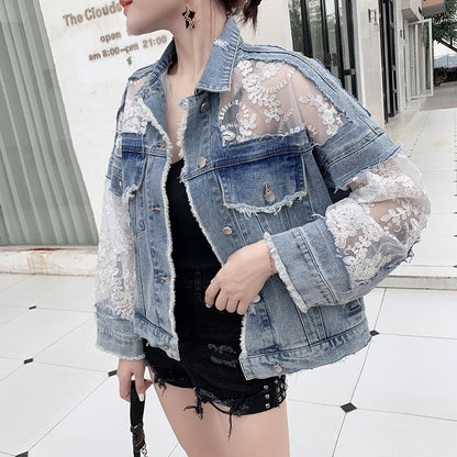 Damen Denimjacke Spitzenverzierung