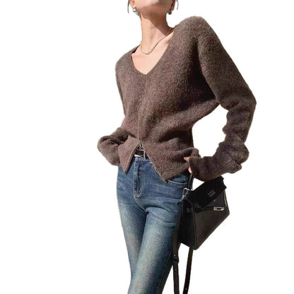 Damen Strickcardigan V-Ausschnitt Reißverschluss Norvielle