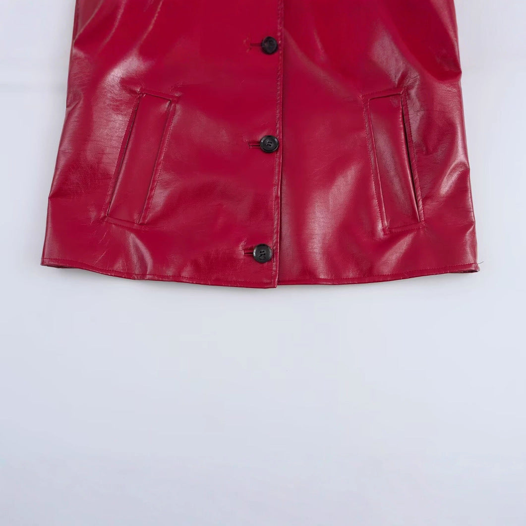 Damen Kunstlederjacke Glänzend Praktische Taschen