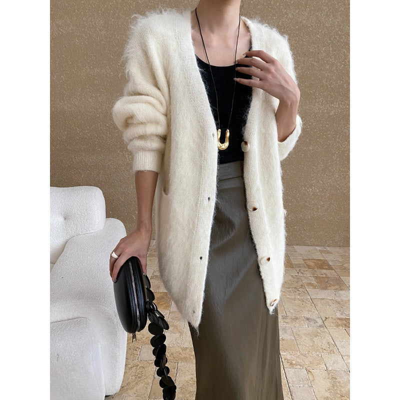 Damen Strickjacke Kuschelig Große Knöpfe Beige - Norvielle