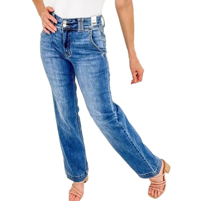 Damen High-Waist Jeans Weite Bein Norvielle Komfortschnitt