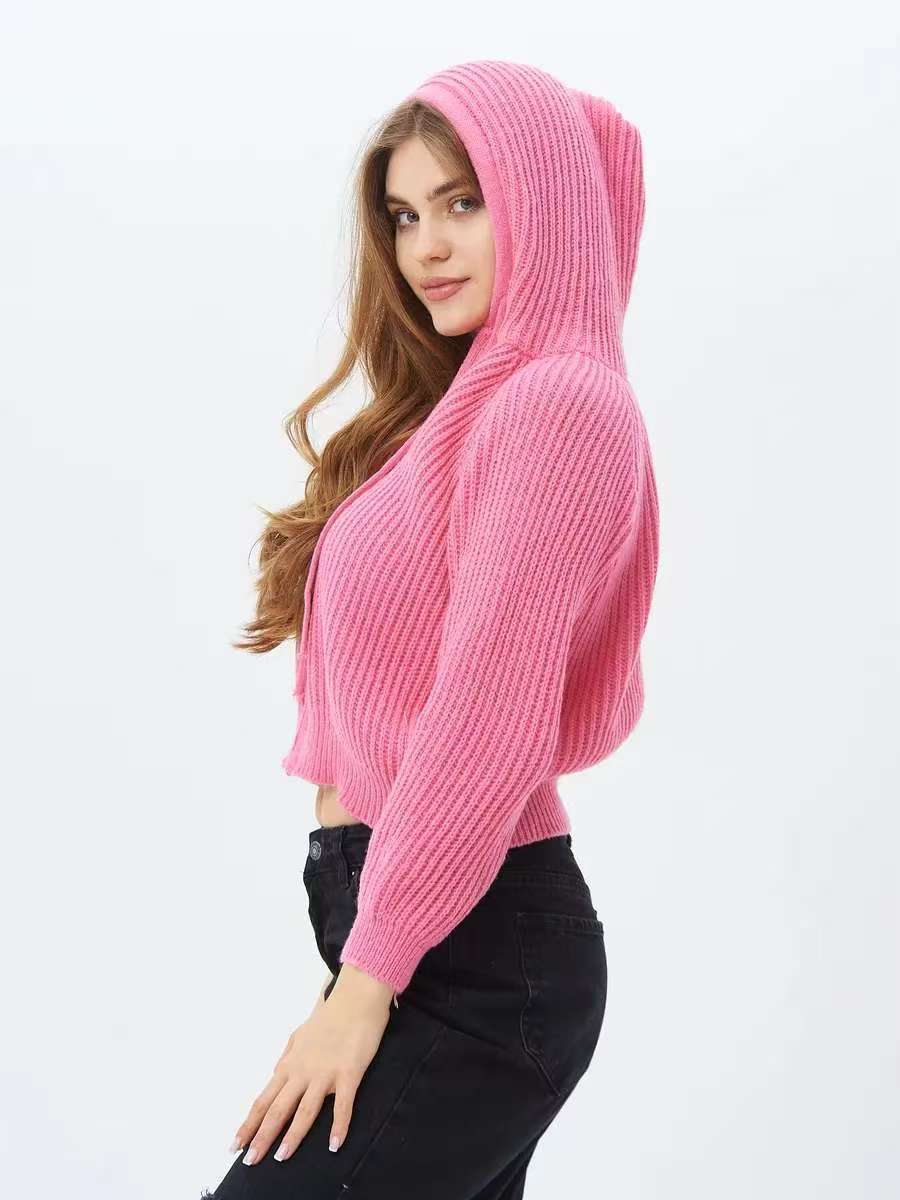 Damen Hoodie Weiches RippstrickMaterial Kordelzug