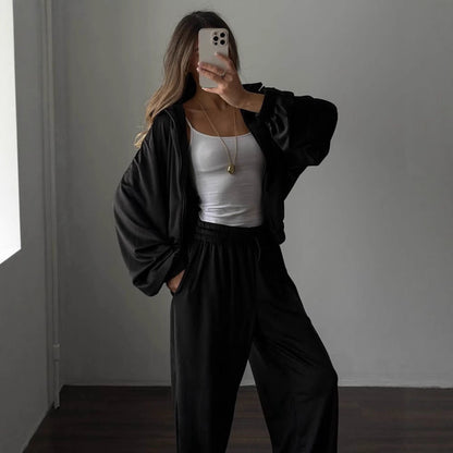 Damen Velours Jogginganzug mit Reißverschluss und Gummizug