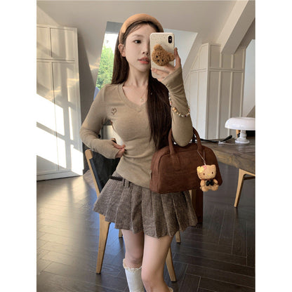 Damen Langarmshirt V-Ausschnitt Rippstruktur Elegant