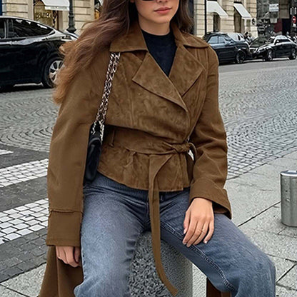 Damen Wildlederjacke Mit Gürtel Schwarz - Norvielle