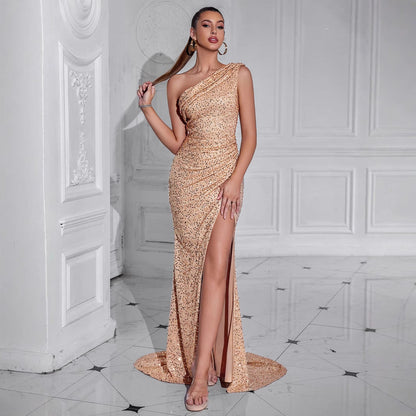 Damen Abendkleid Asymmetrisch Pailletten Norvielle Schwarz - Norvielle