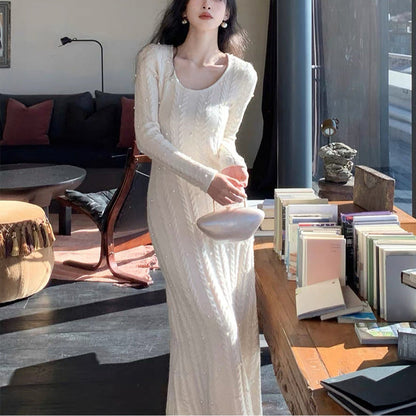 Damen Strickkleid Zopfmuster Perlenspitze Norvielle
