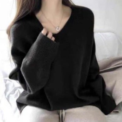Damen V-Ausschnitt Pullover Grobgestrickt Oversized Ärmel Beige