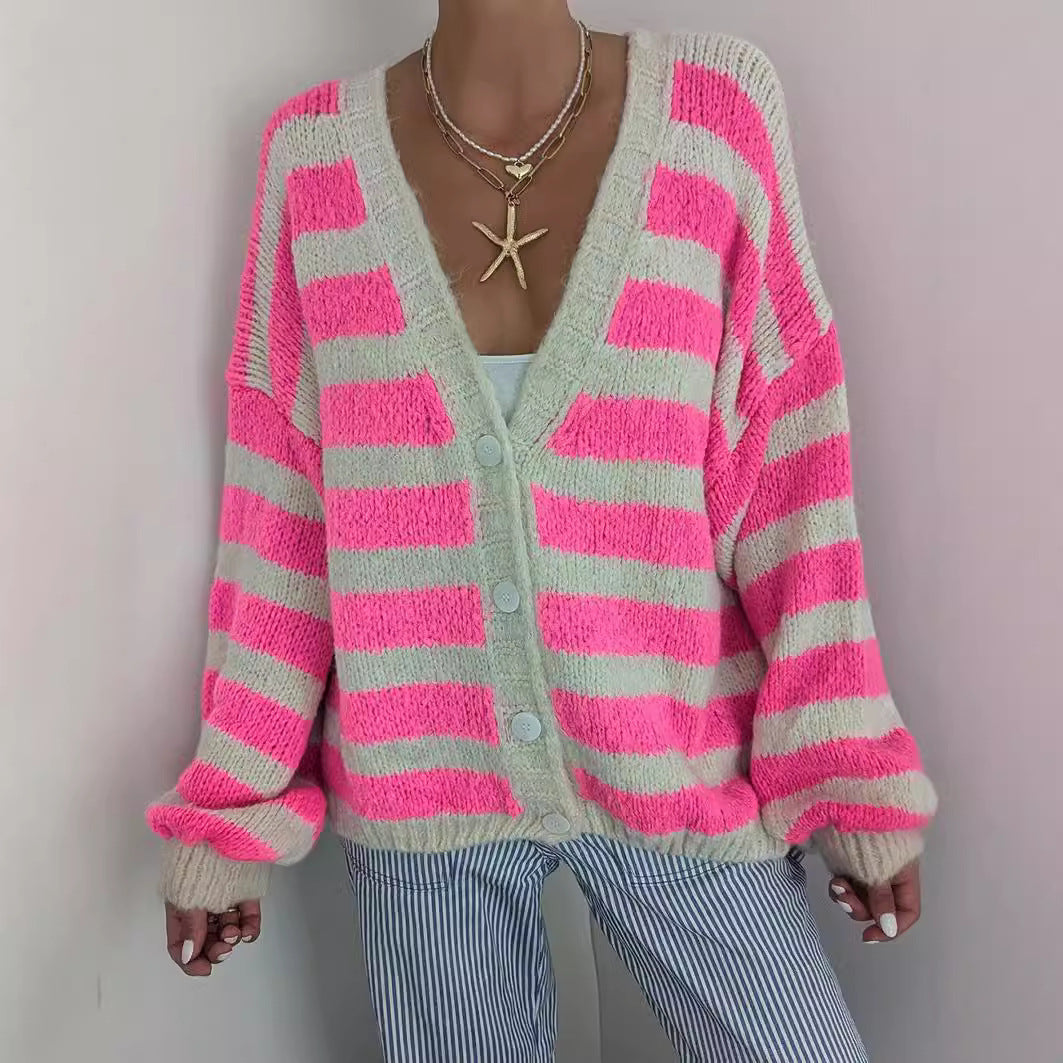 Damen Strickcardigan Lässig Streifenmuster Beige