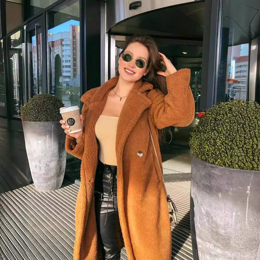 Damen Longcoat Weicher Plüsch Oversized Offen Schwarz - Norvielle