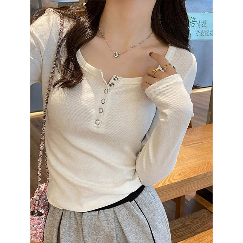 Damen Langarmshirt Knopfleiste Rippstruktur Weiß