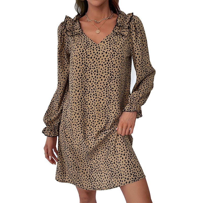 Damen Minikleid Leopardenmuster Rüschendetails Norvielle