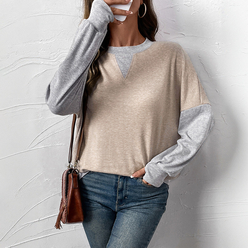 Damen Langarm-Pullover V-Ausschnitt Kontrastärmel Norvielle