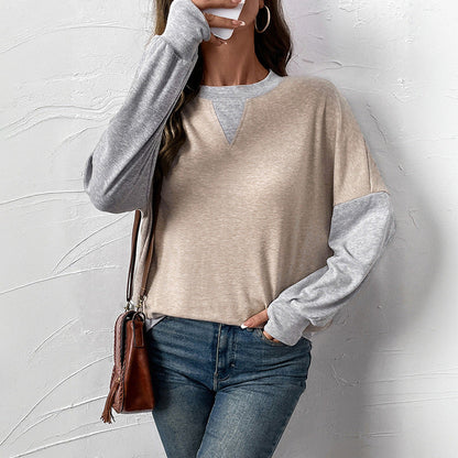 Damen Langarm-Pullover V-Ausschnitt Kontrastärmel Norvielle