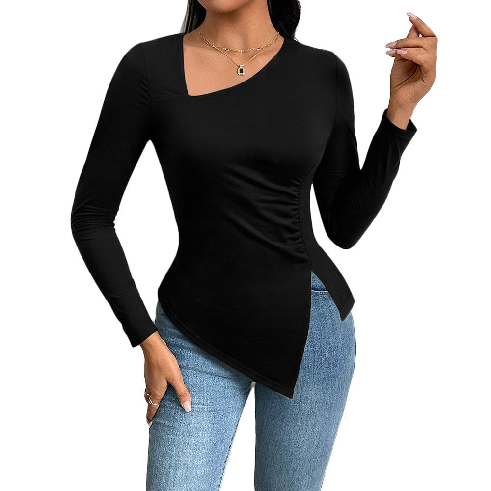 Damen Langarmshirt Asymmetrisch Raffung Norvielle