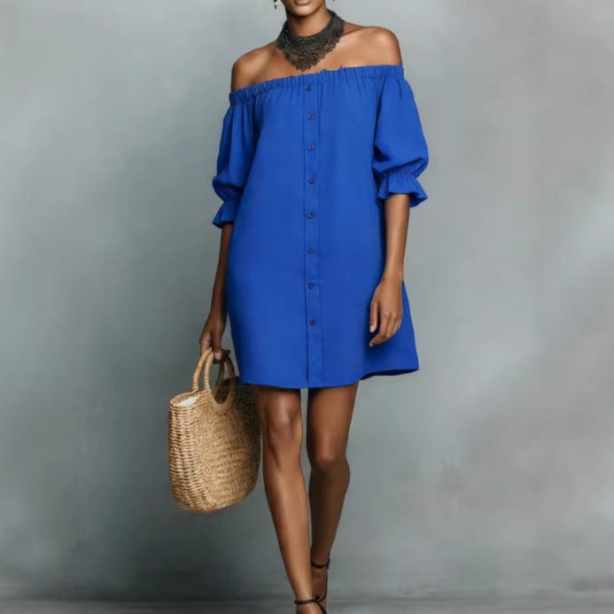 Damen Off-Shoulder Kleid Rüschen Knöpfe Norvielle