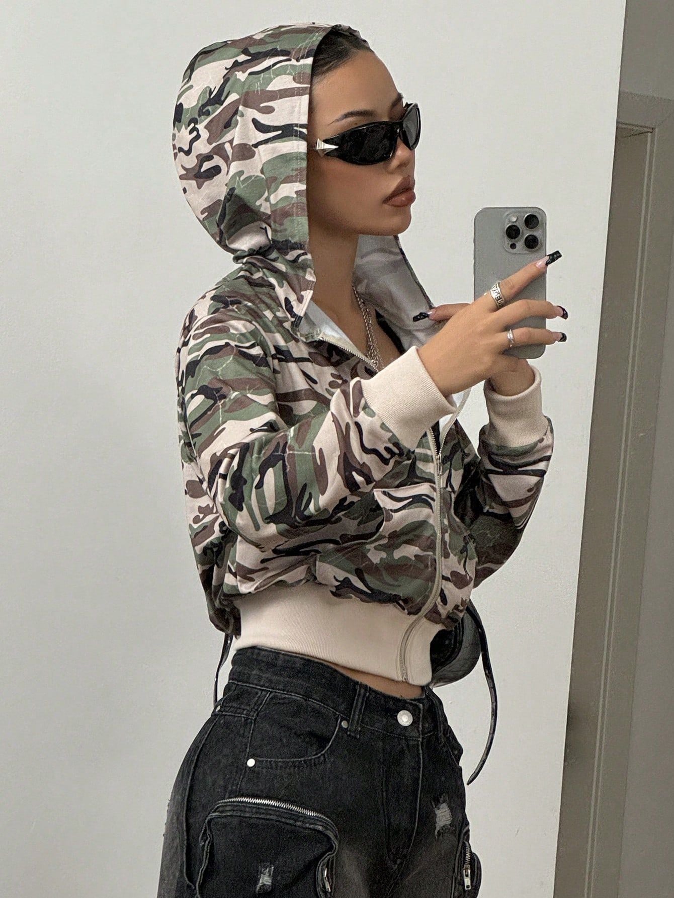 Damen Kurzjacke Camouflage Stil Kapuzenjacke Modern