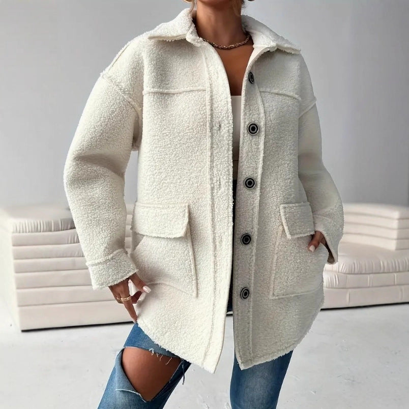 Damen Teddy Mantel Weiß Oversized Knöpfe Taschen