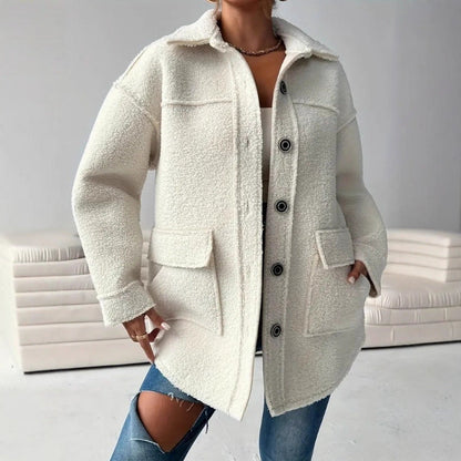 Damen Teddy Mantel Weiß Oversized Knöpfe Taschen