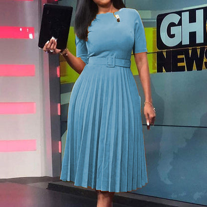 Damen Plissiertes Kleid mit Taillengürtel und kurzen Ärmeln