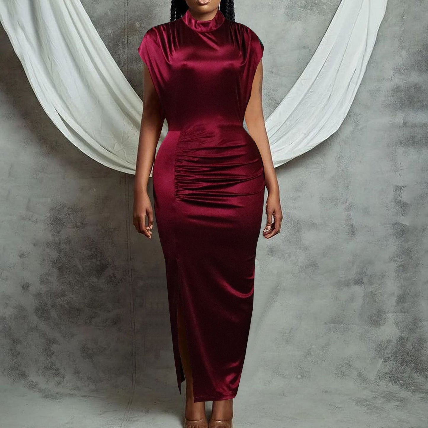 Damen Midi-Kleid Raffungen Figurbetont