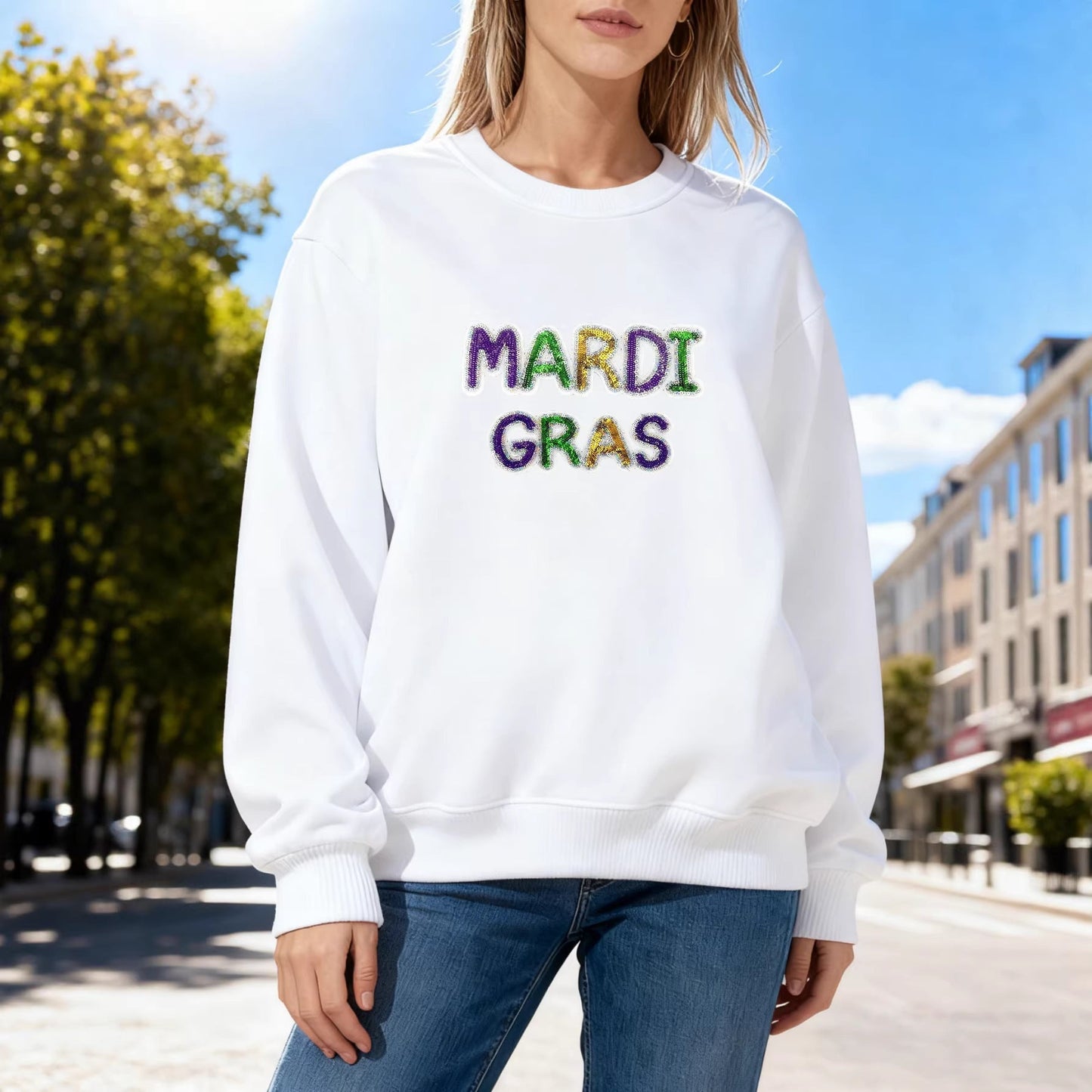 Damen Sweatshirt Mardi Gras Schriftzug Leicht Norvielle - Norvielle