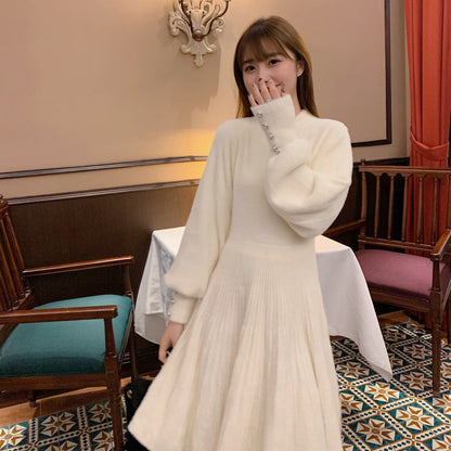 Damen Strickkleid Puffärmel Knöpfe