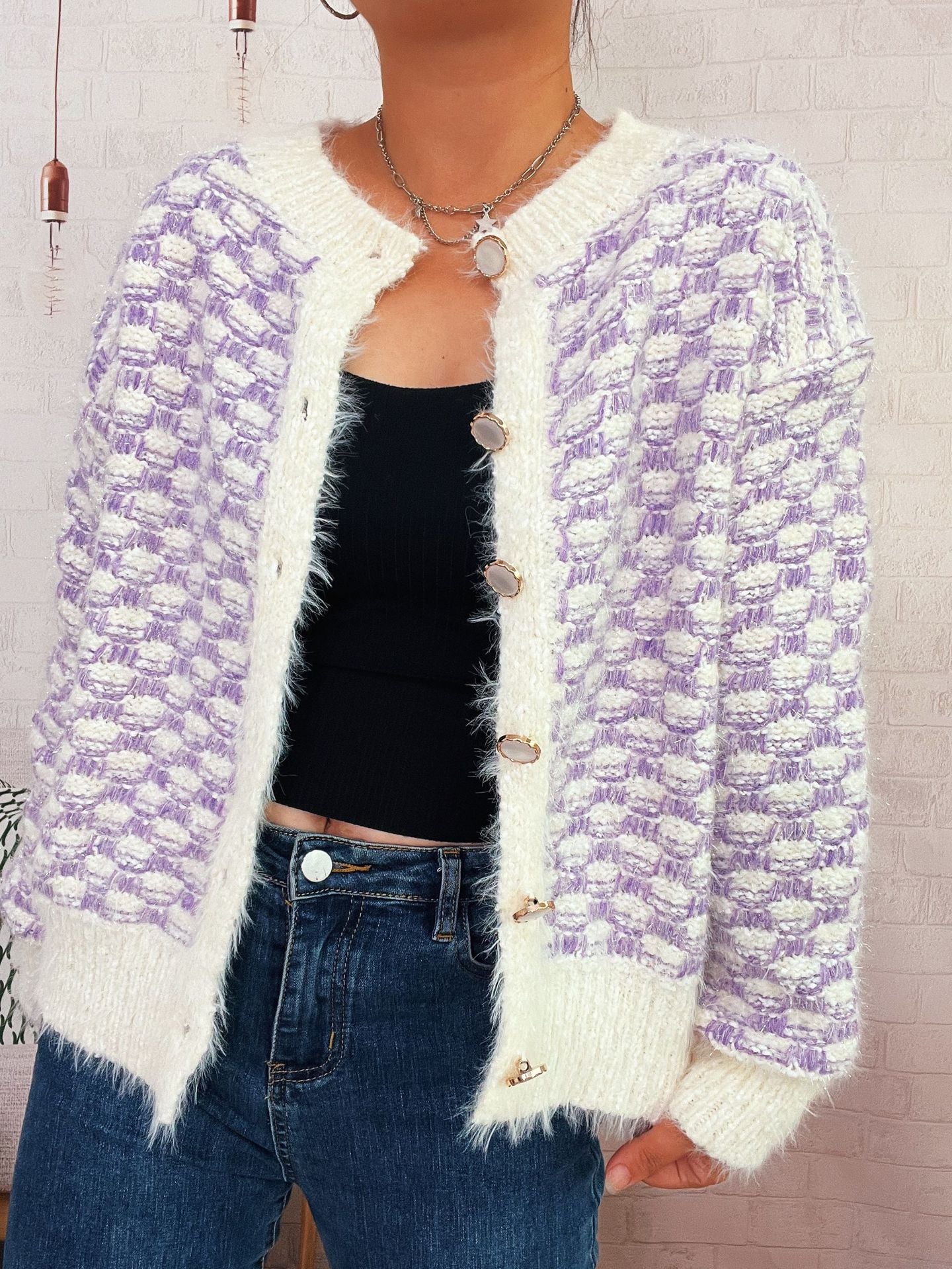 Damen Strickjacke Flauschig Lässiger Schnitt Beige