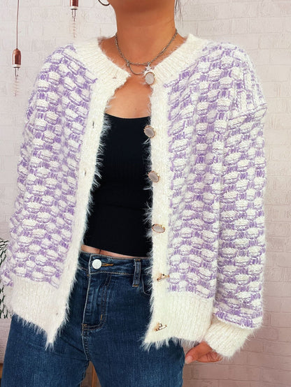 Damen Strickjacke Flauschig Lässiger Schnitt Beige