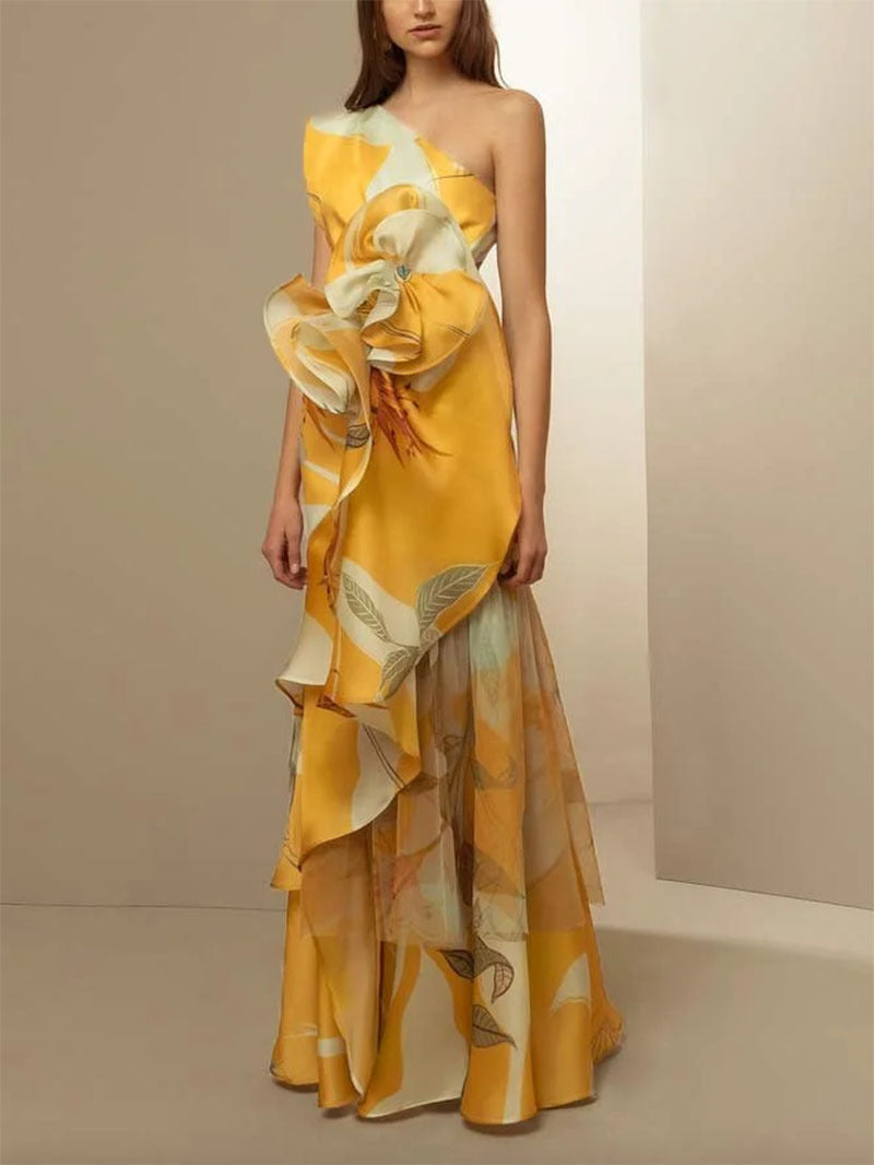 Damen Maxikleid Asymmetrisch Florale Rüschen