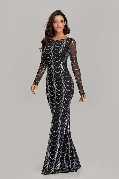 Damen Abendkleid Figurbetont Transparente Ärmel Pailletten