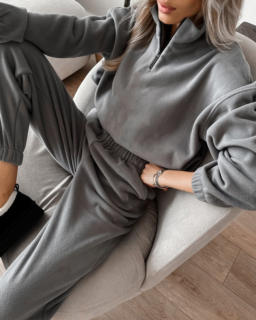 Damen Fleece-Sweatanzug Halbzipp Elastischer Bund